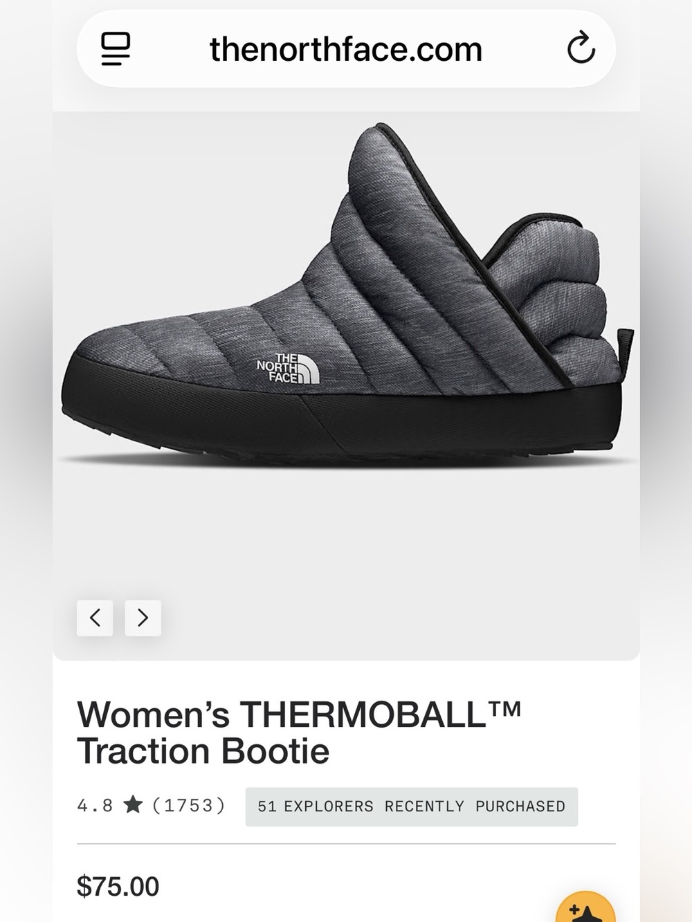 The North Face THERMOBALL
Traction Bootie Gray Quilted Slip-On Puffer Bootie